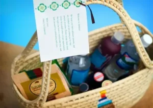 Welcome basket filled with snacks, drinks and guest essentials