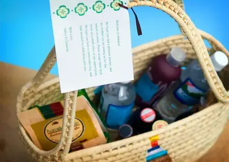 Welcome basket filled with snacks, drinks and guest essentials