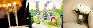 Wedding-themed collage with rings, bouquet and celebration details