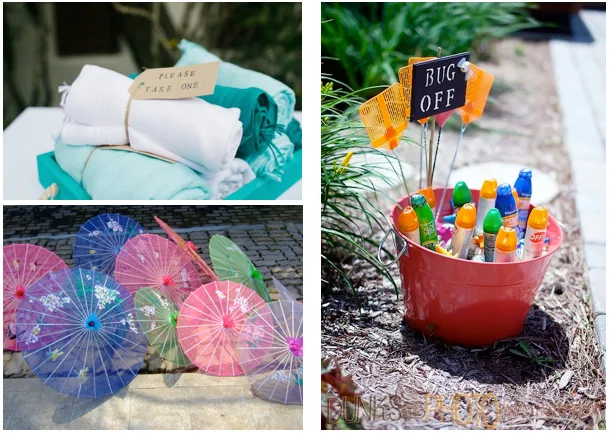 Outdoor summer wedding comfort station with blankets, parasols and chilled drinks