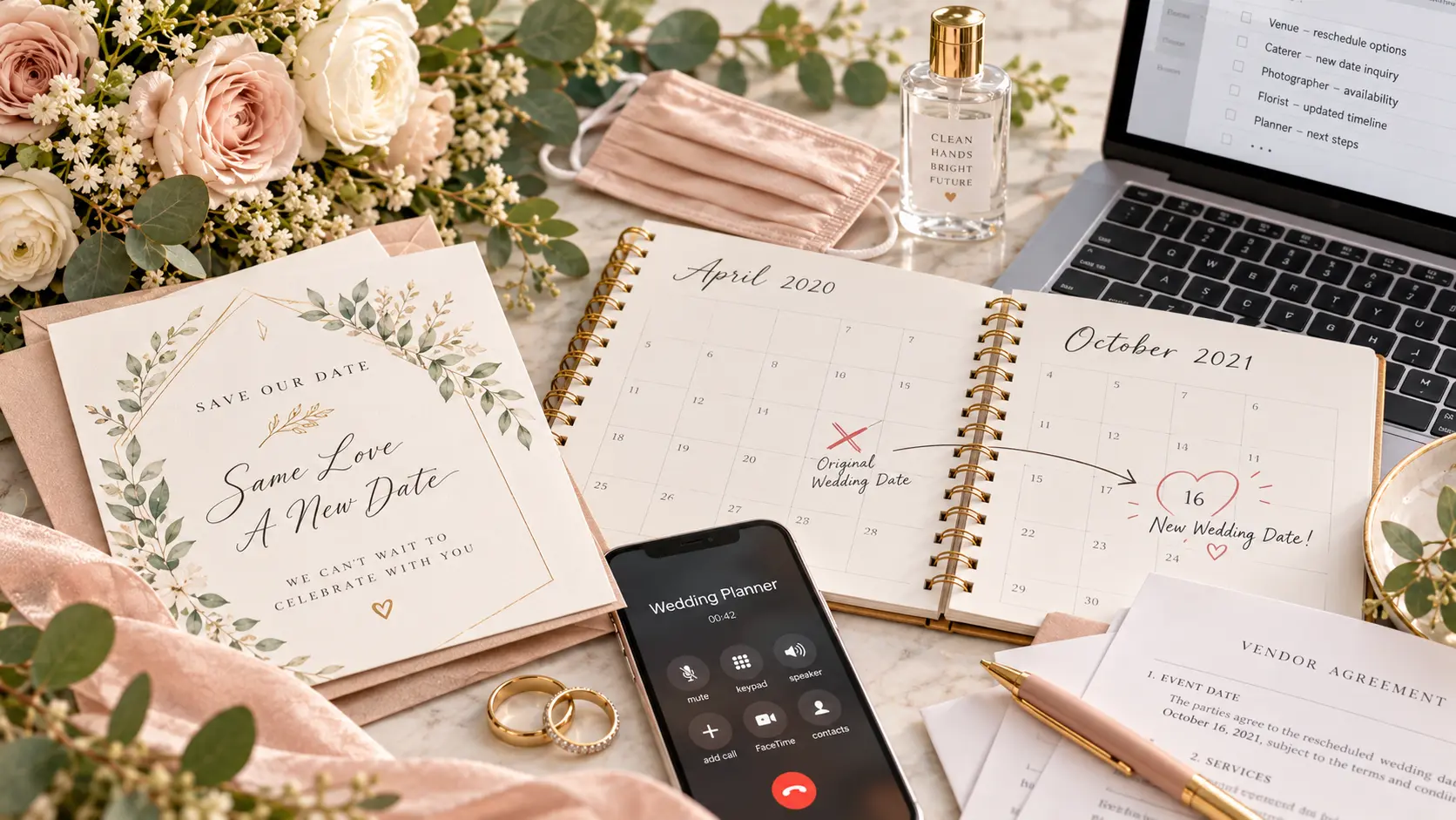 Wedding planning desk with calendar, rings and rescheduling notes