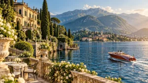 Luxury Lake Como view with lakeside villas, mountains and a boat