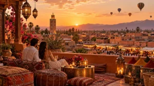Romantic rooftop view over Marrakesh at sunset with hot air balloons