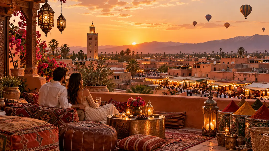 Romantic rooftop view over Marrakesh at sunset with hot air balloons